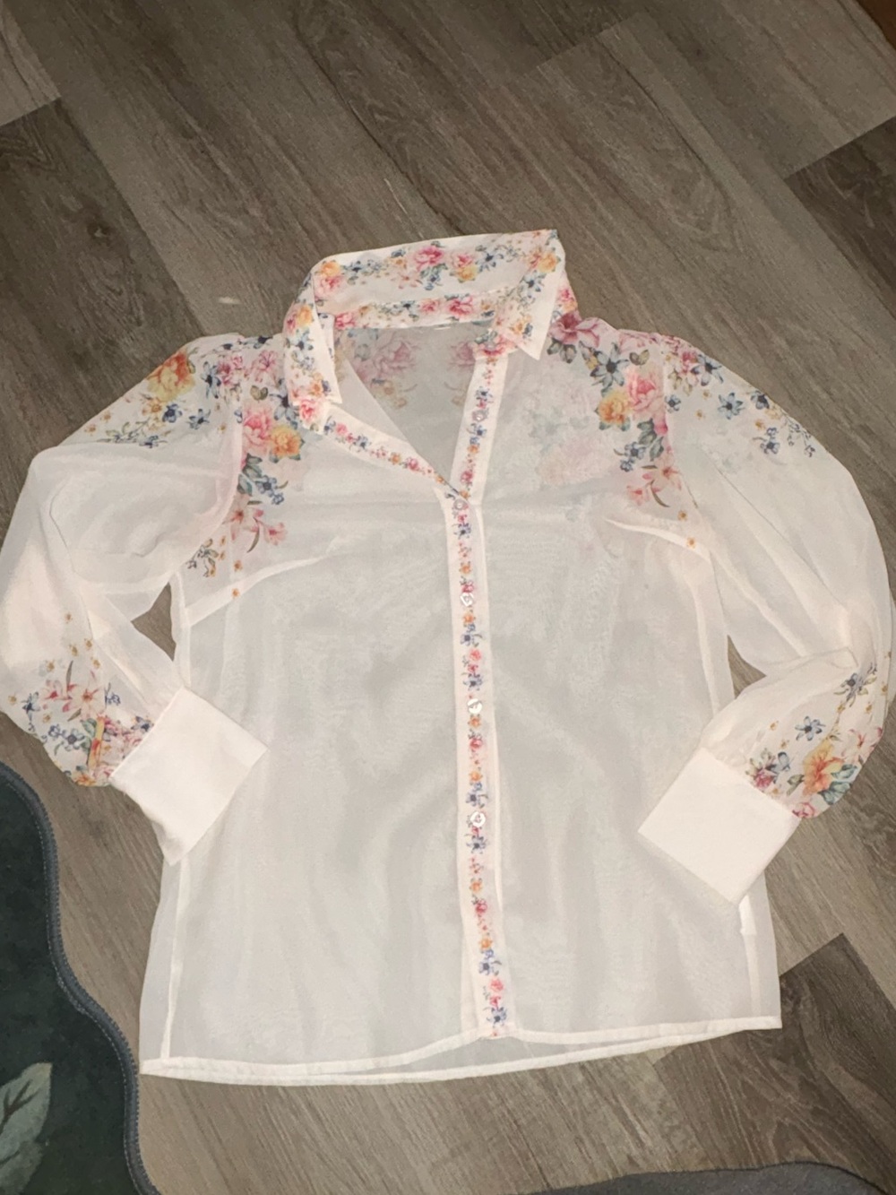 White Floral Sheer Botton Down